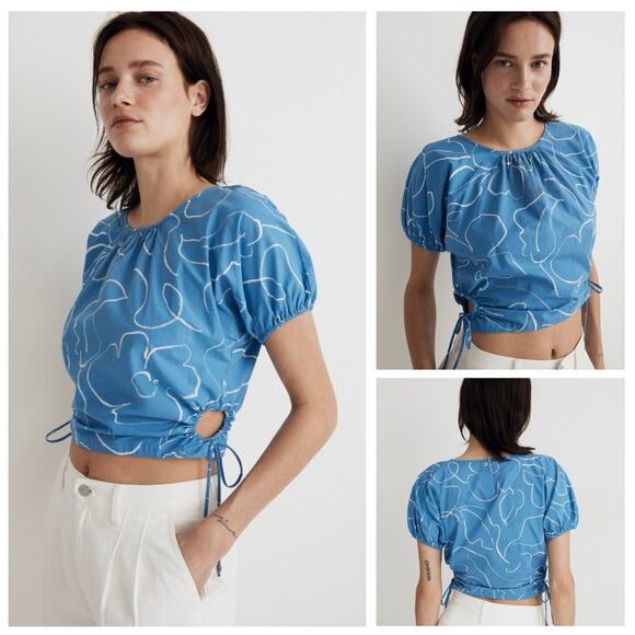 Madewell Tops - Madewell Embroidered Poplin Puff-Sleeve Cutout Crop Top Oranamental Blue Size XL